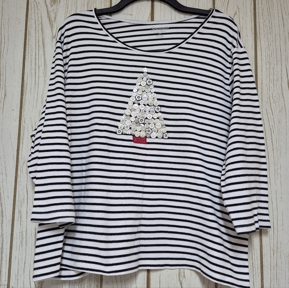 Serengeti Black White Striped Christmas Tree Festive LS Tee Silver Trim Size 2X